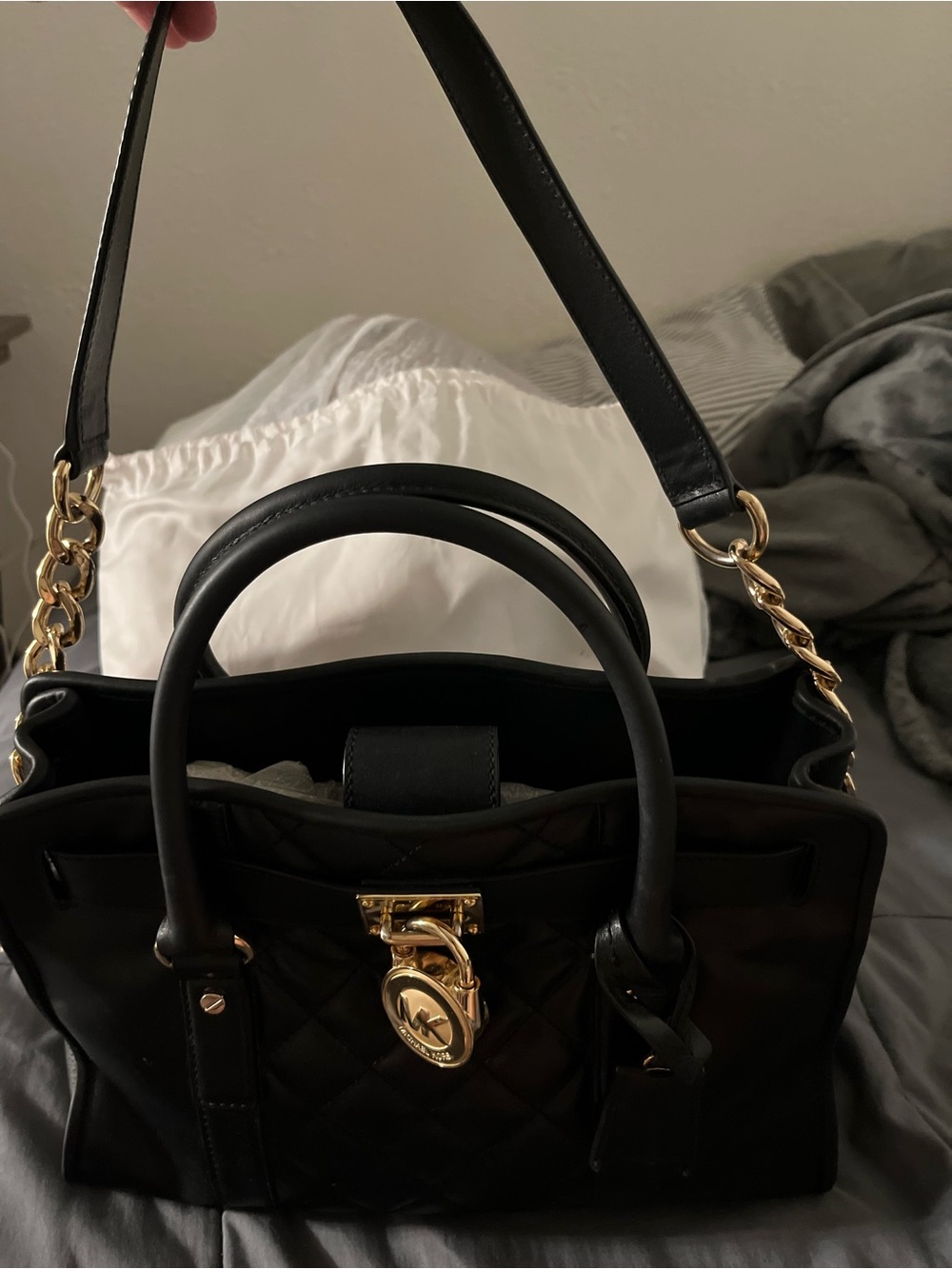 Michael Kors Black Quilted Leather Satchel with Gold Chain Accents